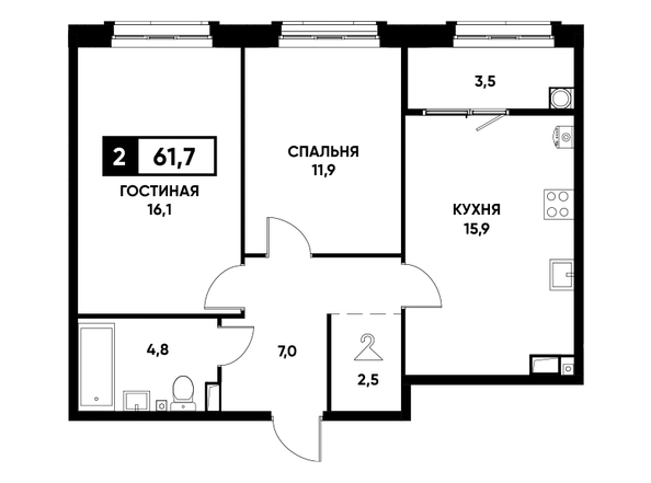 Планировка 2-комн 61,7 м²