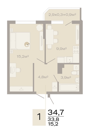 Планировка 1-комн 34,7 м²