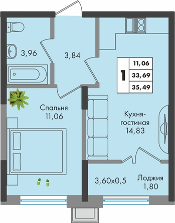 Планировка 1-комн 35,49 м²