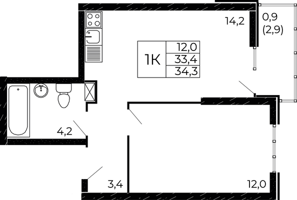 Планировка 1-комн 34,3 м²