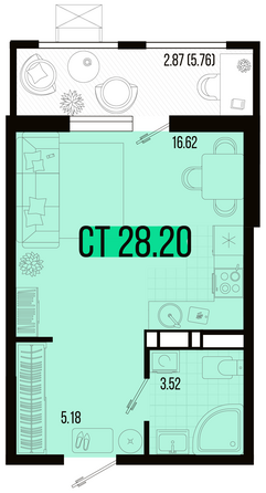 Планировка 1-комн 28,2, 28,59 м²