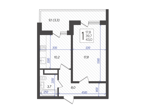 Планировка 1-комн 43 м²