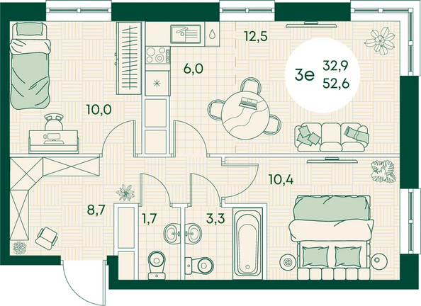 Планировка 3-комн 52,6 м²