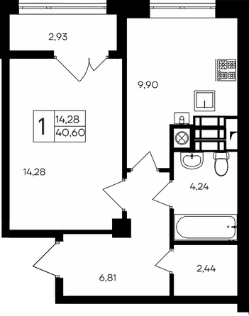 Планировка 1-комн 40,6 м²