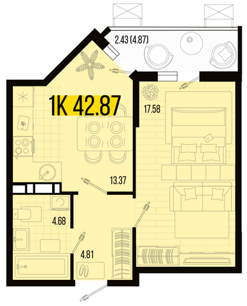 Планировка 1-комн 42,87, 43,15 м²