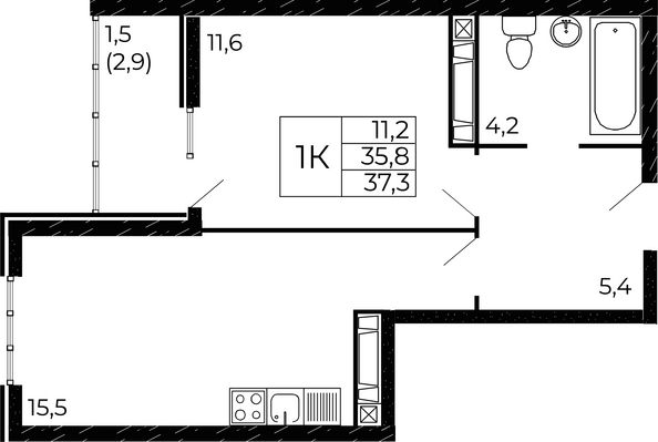 Планировка 1-комн 37,3 м²