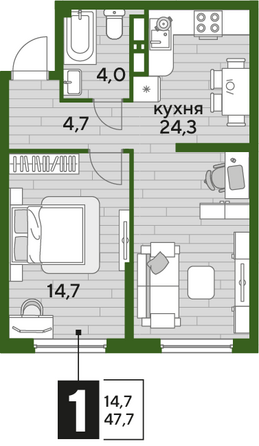 Планировка 1-комн 47,7 м²