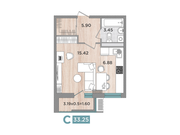 Планировка Студия 33,25 м²