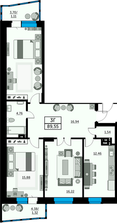 Планировка 3-комн 88,92, 89,61 м²