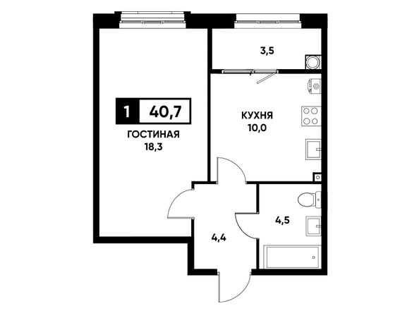 Планировка 1-комн 40,7 м²