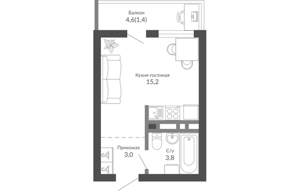 Планировка 1-комн 23,4 м²