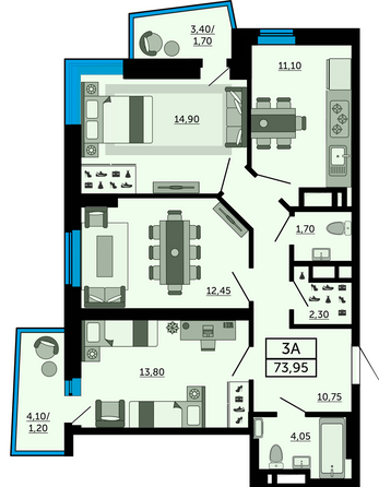 Планировка 3-комн 73,95 м²