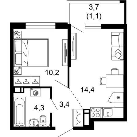 Планировка 1-комн 33,4 м²