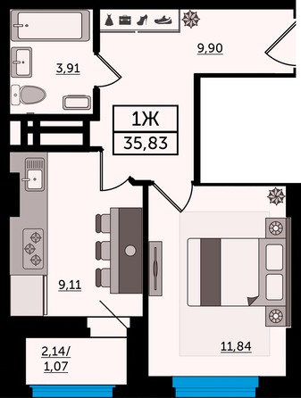 Планировка 1-комн 35,83 м²