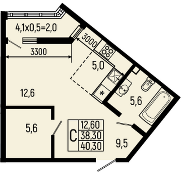 Планировка Студия 40,3 м²