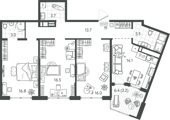 Планировка 3-комн 92,5 м²