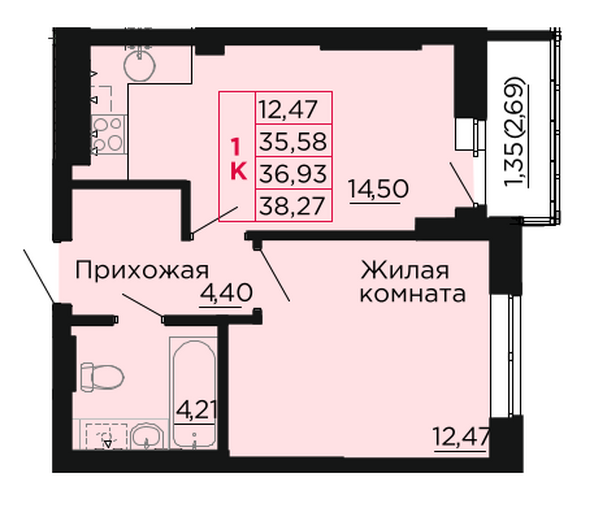 Планировка 1-комн 36,93 м²