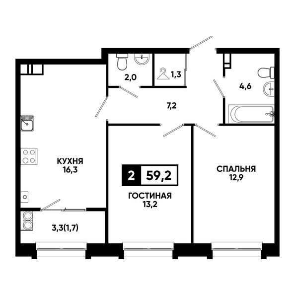 Планировка 2-комн 59,2, 59,7 м²