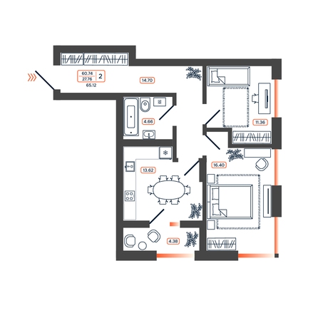 Планировка 2-комн 65,12 - 65,51 м²