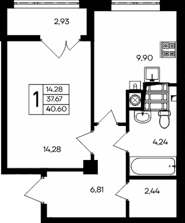 Планировка 1-комн 40,6, 40,89 м²