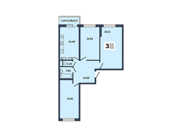 Планировка 3-комн 88,28 м²