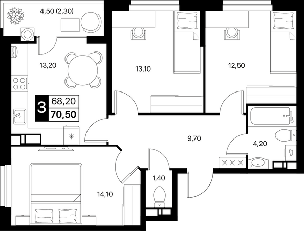Планировка 3-комн 70,5, 70,9 м²