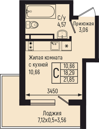 Планировка Студия 21,85 м²