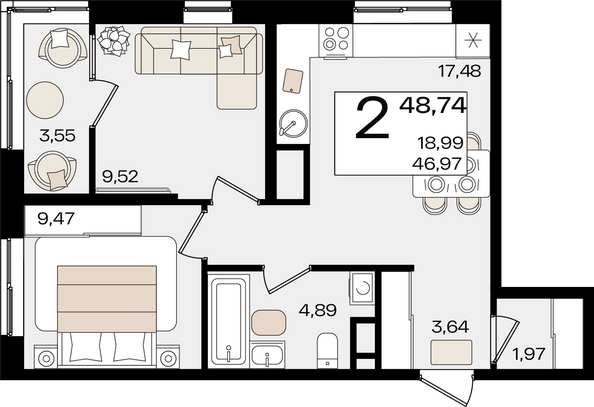 Планировка 2-комн 48,74 м²