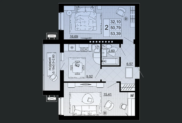 Планировка 2-комн 53,39 м²