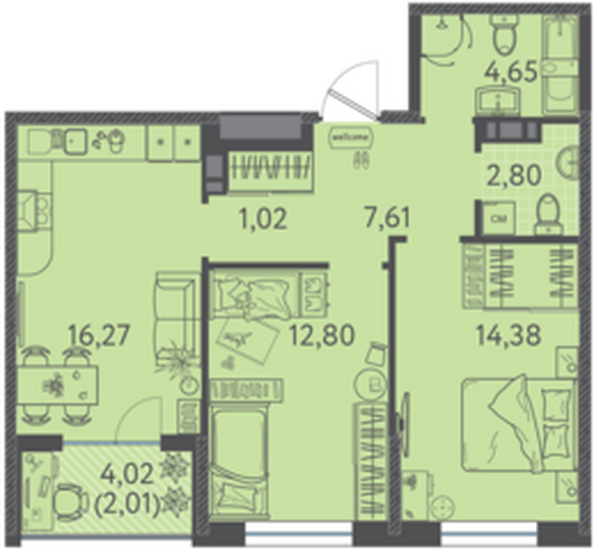 Планировка 2-комн 61,54 м²