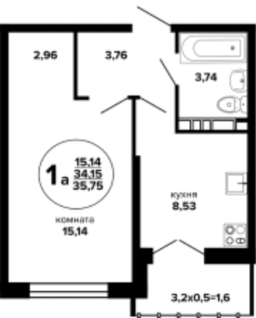 Планировка 1-комн 35,75 м²