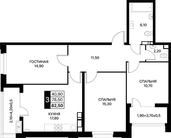 Планировка 3-комн 82,5 м²