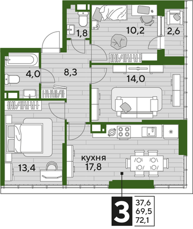 Планировка 3-комн 72,1 м²