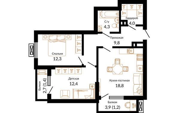 Планировка 2-комн 64,2 м²