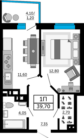 Планировка 1-комн 39,5, 39,7 м²