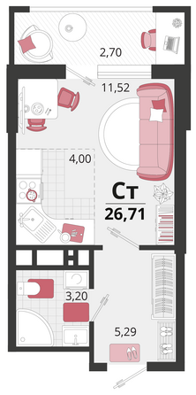 Планировка 1-комн 26,71 м²