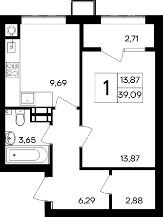 Планировка 1-комн 39,09, 39,62 м²