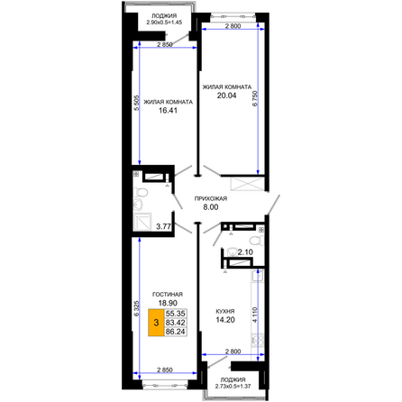 Планировка 3-комн 86,24 м²