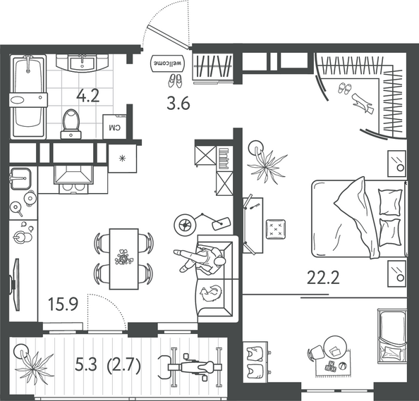 Планировка 1-комн 48,6 м²