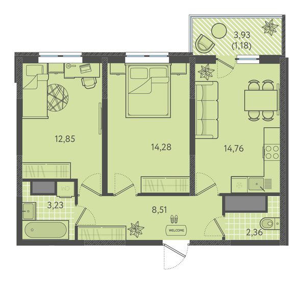 Планировка 2-комн 56,48 - 57,18 м²