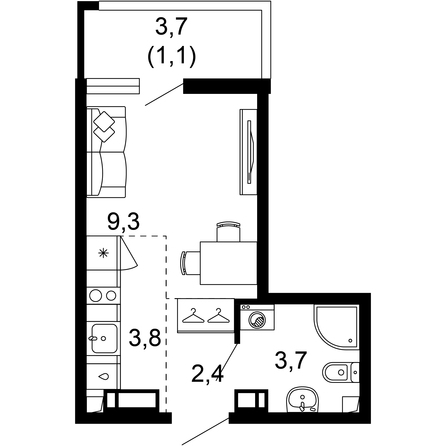 Планировка 1-комн 20,3 м²