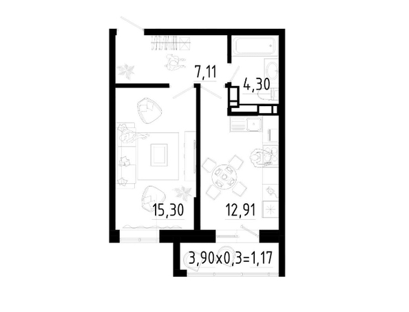 Планировка 1-комн 40,79 м²