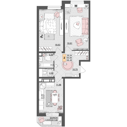 Планировка 2-комн 68,48 м²