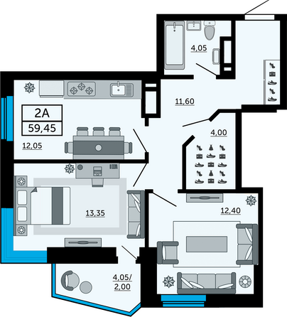 Планировка 2-комн 59,45 м²