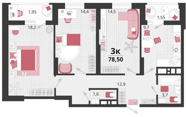 Планировка 3-комн 78,5 м²