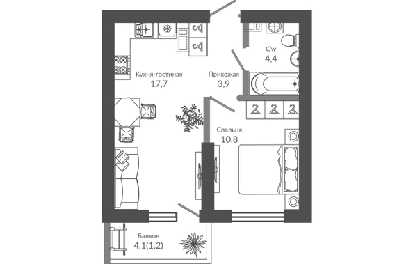 Планировка 1-комн 38 м²