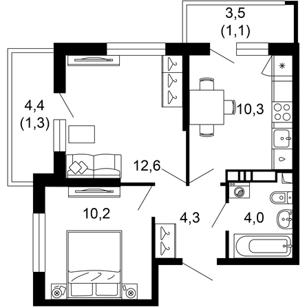 Планировка 2-комн 43,8 м²