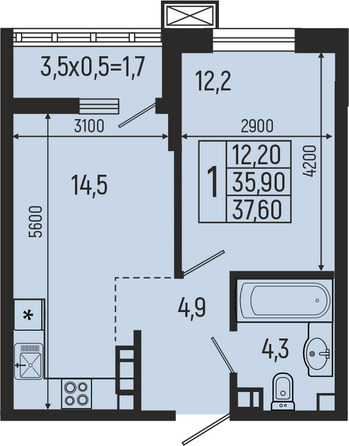 Планировка 1-комн 36,7 - 40,4 м²