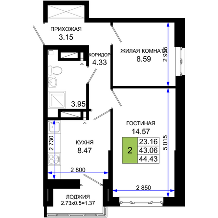 Планировка 2-комн 44,43 м²