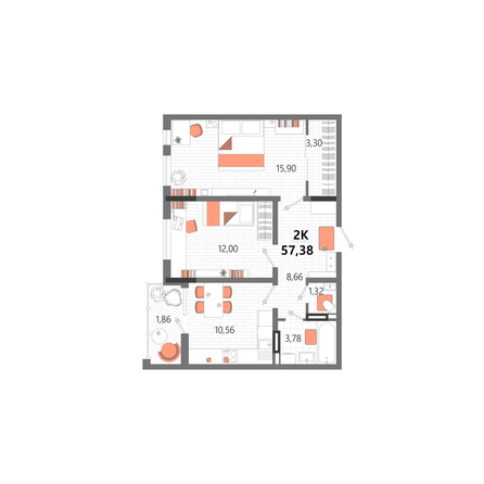 Планировка 2-комн 57,38 м²
